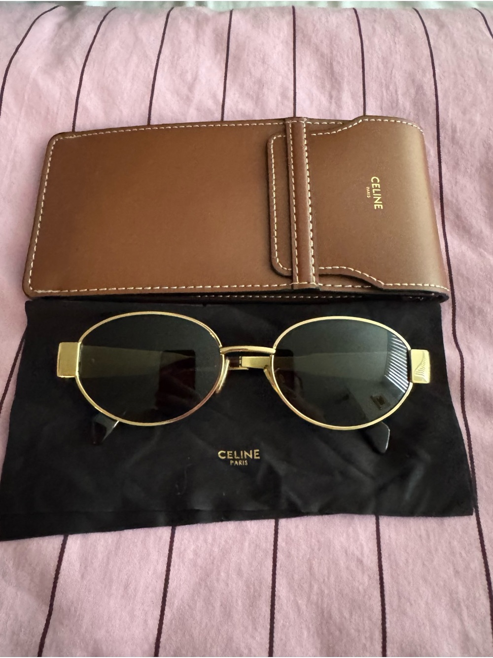 Celine Womenβs Gold Frame Black Lens Sunglasses with Brown Leather Case